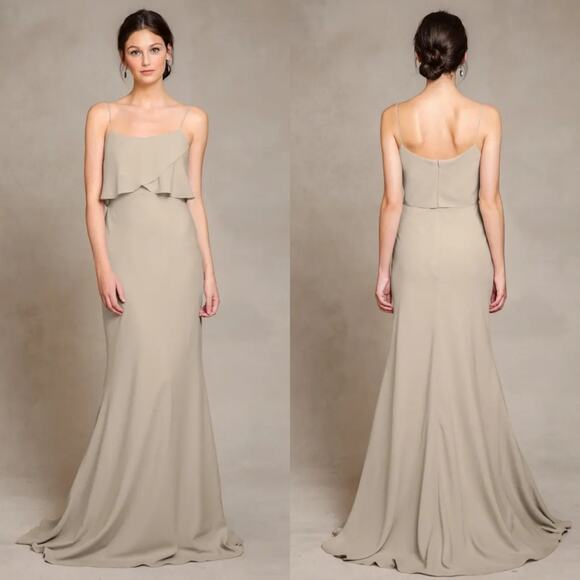 🚨NEW JENNY YOO Blake Dress In Truffle Tan Crepe Wedding Bridesmaid Prom Size 0 - Picture 1 of 14
